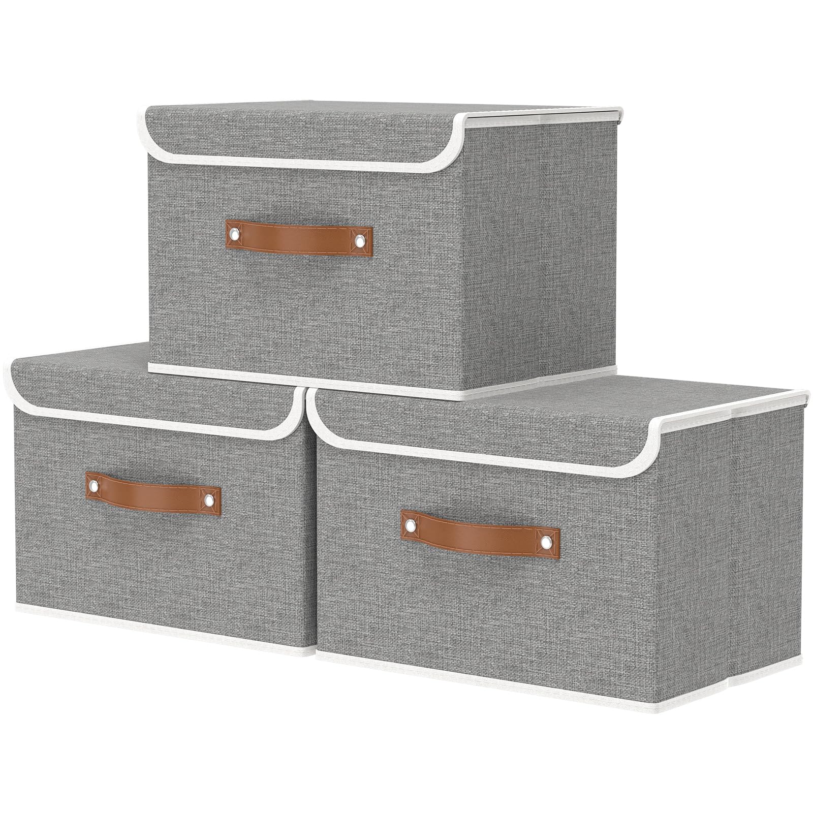 OUTBROS Collapsible Storage Box with Lid, Linen Fabric Clothing Shelf Basket Bins Box For Towels, Clothes 45x30x30 cm (Grey, 3-Pack)
