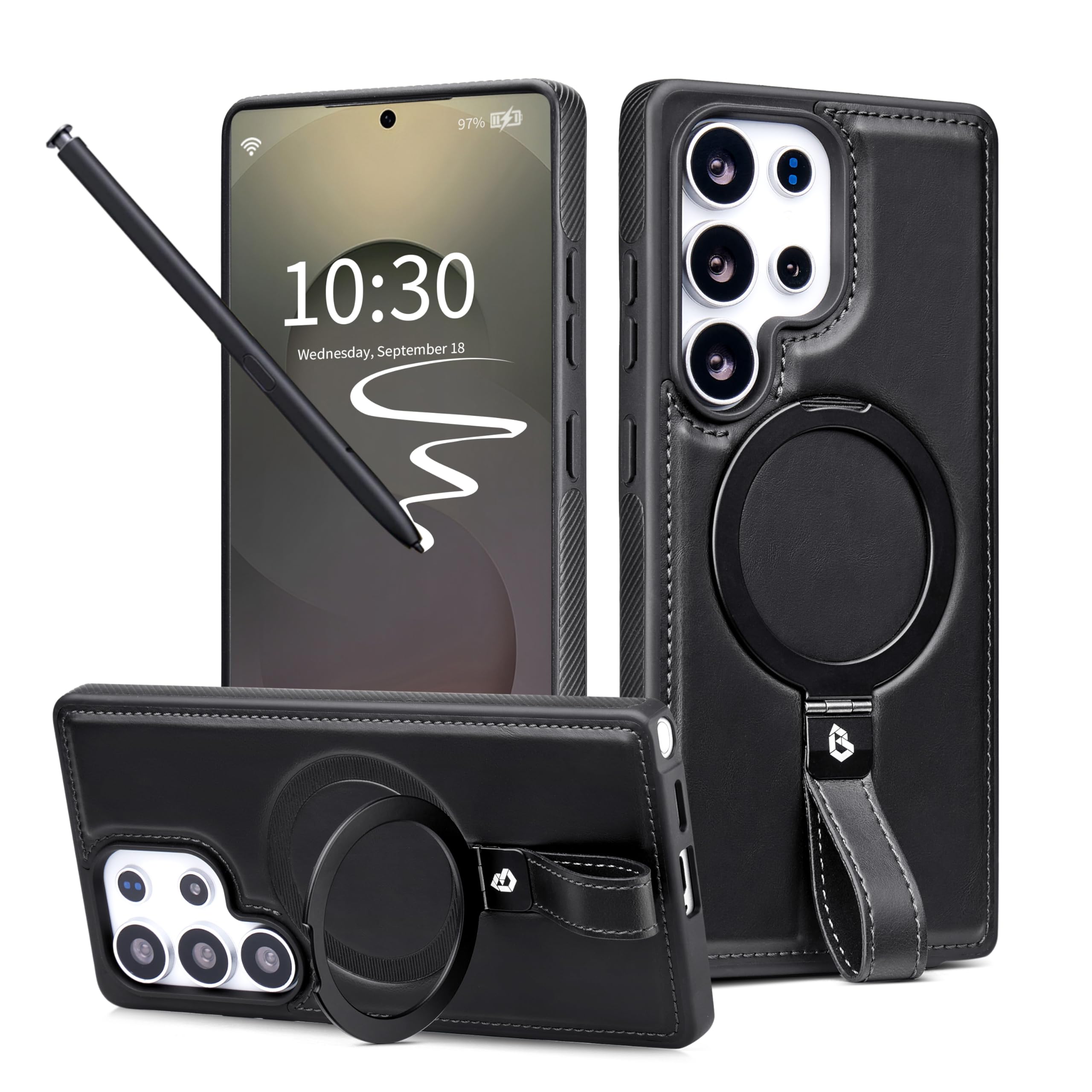 Butaiga for Samsung Galaxy S25 Ultra Case Leather with Stand, Anti-Slip Grip Ring, Fits for MagSafe (Black, S25 Ultra)