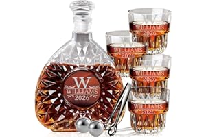 Personalized Whiskey Decanter Set - Custom Engraved Liquor Decanter (18oz/26oz) for Men & Dad, Includes Chill Stones & Tongs