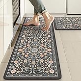 KIMODE Comfort Kitchen Mats for Floor Cushioned Anti Fatigue,Boho Vintage Floral Kitchen Rug Non Slip,Memory Foam Waterproof Standing Carpet for Laundry Sink Office,Black