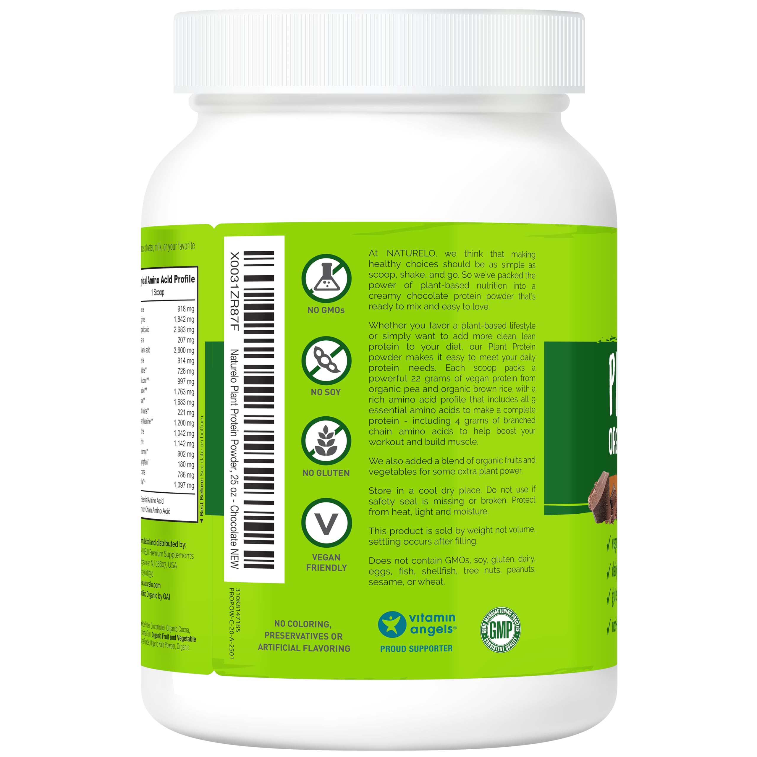 NATURELO Plant Protein Powder, Chocolate, 22g Protein - Non-GMO, Vegan, No Gluten, Dairy, or Soy - No Artificial Flavors, Synthetic Coloring, Preservatives, or Additives - 20 Servings