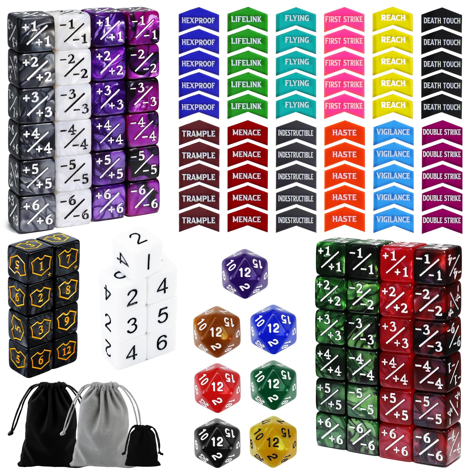SIXPOINTS 130 Pieces MTG Counter Dice Plus 1 Life Counters Tokens 6 Sided D20 Dice & MTG Counters/Keyword Counters Set Compatible with Magic The Gathering, TCG, Card Games Accessories