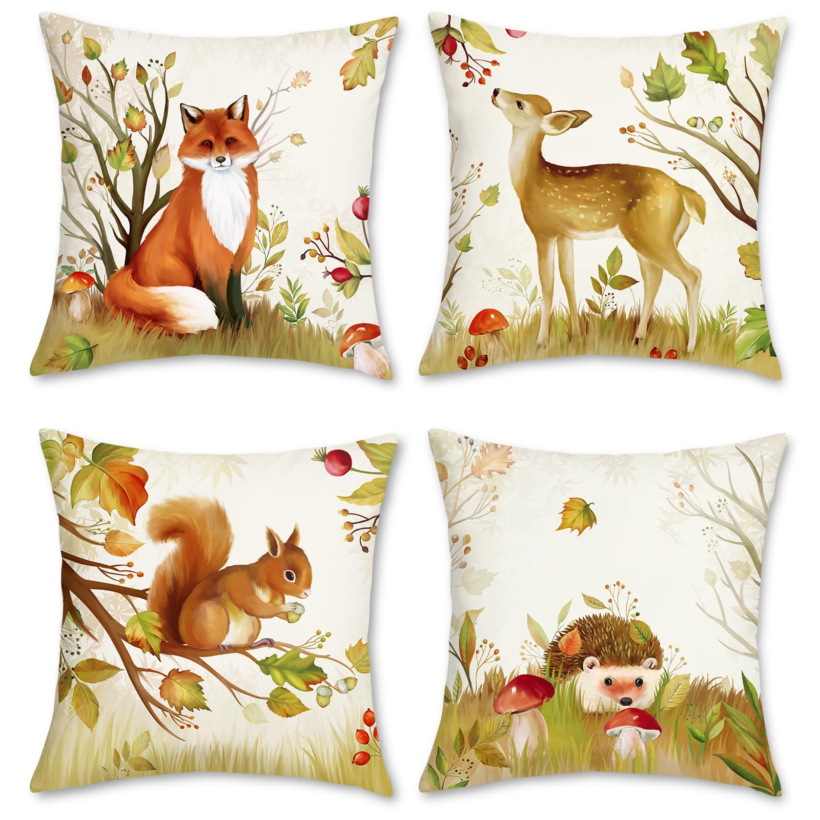 Bonhause Forest Animals Cushion Covers 45 x 45 cm Deer Fox Decorative Throw Pillow Covers for Sofa Bed Home Kids Room Set of 4