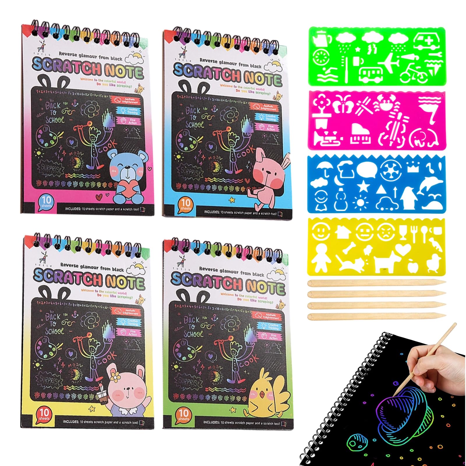 4 Pcs Scratch Art Books for Kids, Magic Rainbow Scratch Art Craft Kit with 4 Painting Molds, Arts and Crafts for Kids Age 3-10, Birthday Gifts for Age 3-10 Year Old Girls Boys