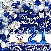 Blue 21st Birthday Decorations for Him Her, 21st Silver and Navy Blue Birthday Decorations for Men Women with Happy Birthday Backdrop Banner Tablecloth Balloons Arch Foil Balloons Party Supplies