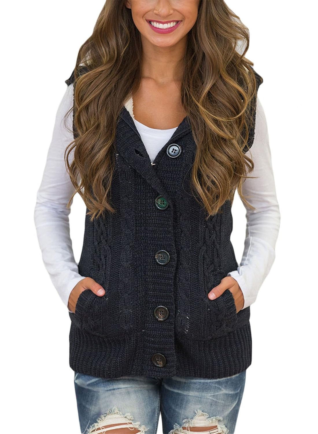 Blibea Womens Sleeveless Hoodies Sweater Vest Button Cable Knit