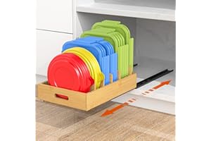 Housolution 1 Pack Pull Out Food Container Lid Organizer, Slide Out Plastic Lid Holder Compatible with Tupperware, Bamboo Sto