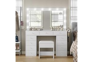 COLLAREDEAGLE White Vanity Desk with Illuminated Mirror & Power Outlet, 11 Drawers Vanity Table with Chair, Makeup Vanity with 12 LED Lights, Tempered Glass Top, Dressing Table for Bedroom,Dressing Room