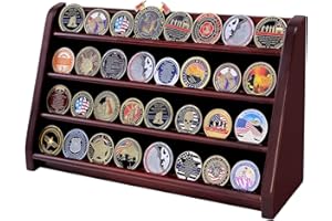 DecoWoodo Challenge Coin Display Case, 4 Row Solid Wood Military Coin Holder Rack Stand Holds 30 Coins for Desk or Wall Mount, Coin Holders for Collectors (Mahogany Finish)