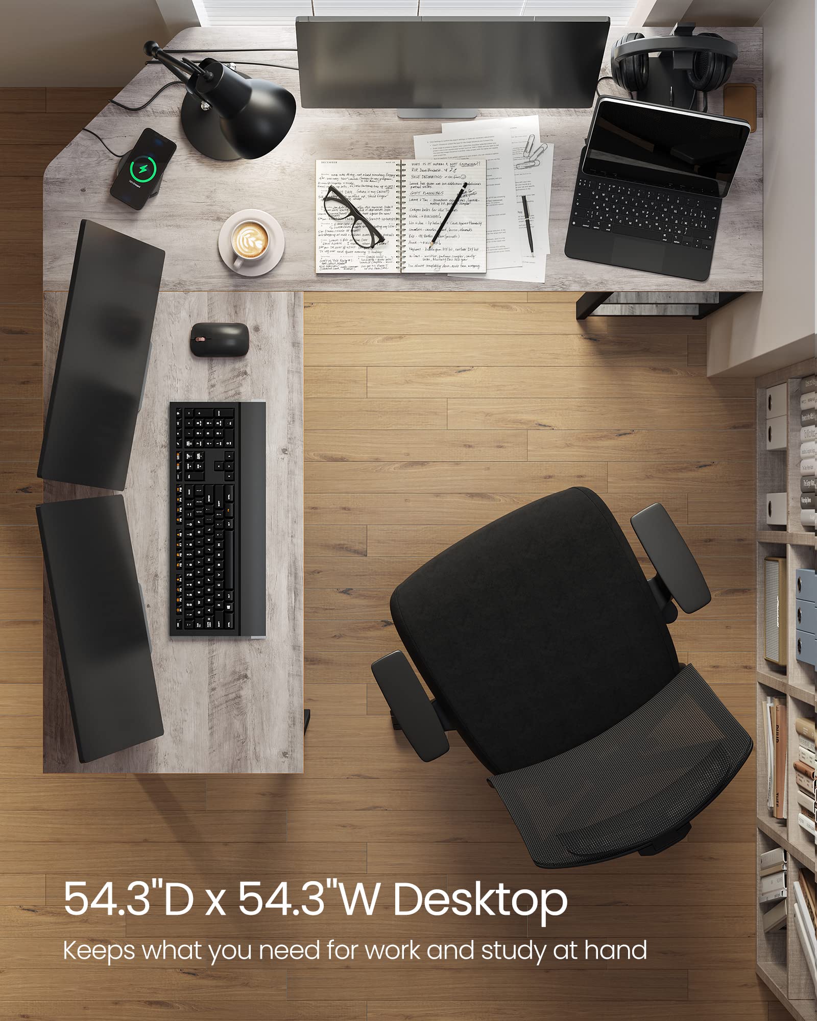 VASAGLE L-Shaped Computer Desk, Corner Desk, Office Study Workstation with Shelves for Home Office, Space-Saving, Easy to Assemble, Industrial, Greige and Black ULWD72MB