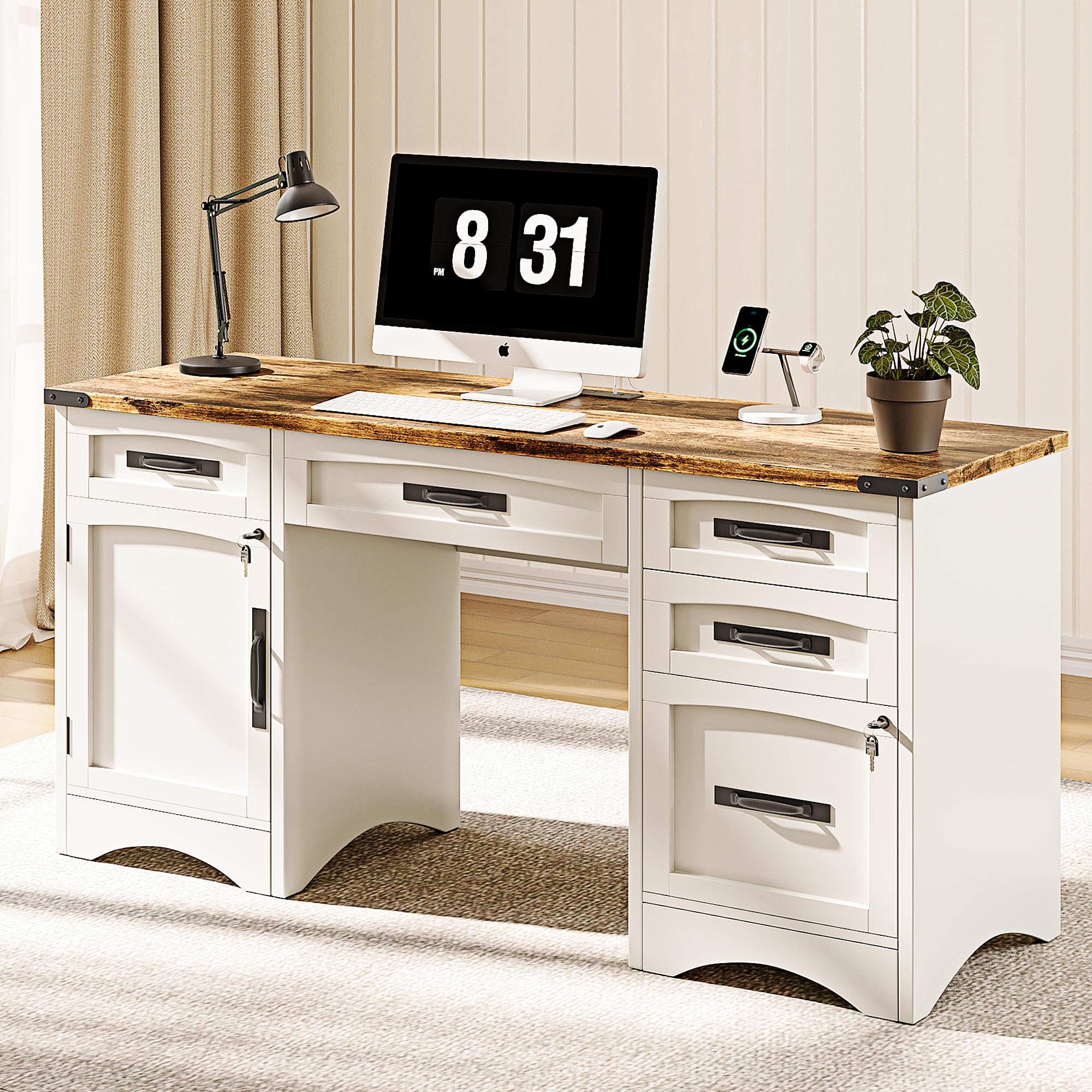 Photo 1 of ***PARTIAL SET*** ***FINALE SALE/NO RETURN, SOLD AS PARTS ONLY*** Decofy Farmhouse Executive Desk with Drawers, 55" Home Office Desks with Fast Charging Station, Lockable File Cabinet, Wood Writing Computer Desk for Work, Study, White