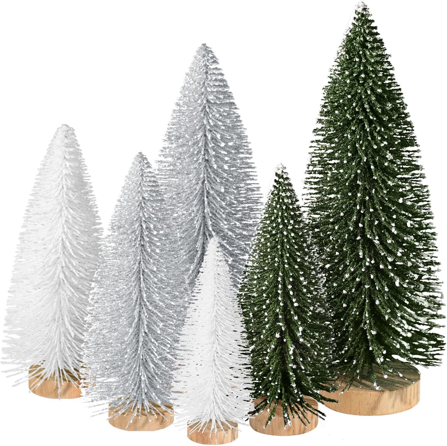 Trees - 6pcs Mini Christmas Trees Christmas Decor, Artificial Christmas Mini Bottle Brush Trees Tabletop, Christmas Decoration Trees with 4 Size Xmas Holiday Decor (6pcs Green+Silver+White)