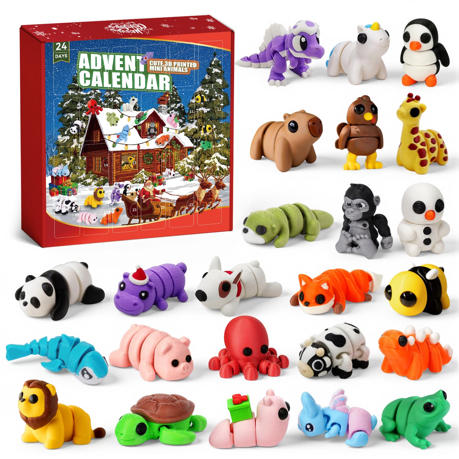 3D Printed Animals Christmas Advent Calendar, Miniature Figurines Articulated Flexible Fidget Toy, Figures Cool Stuff Desk Pet, Party Favors for kids (A)