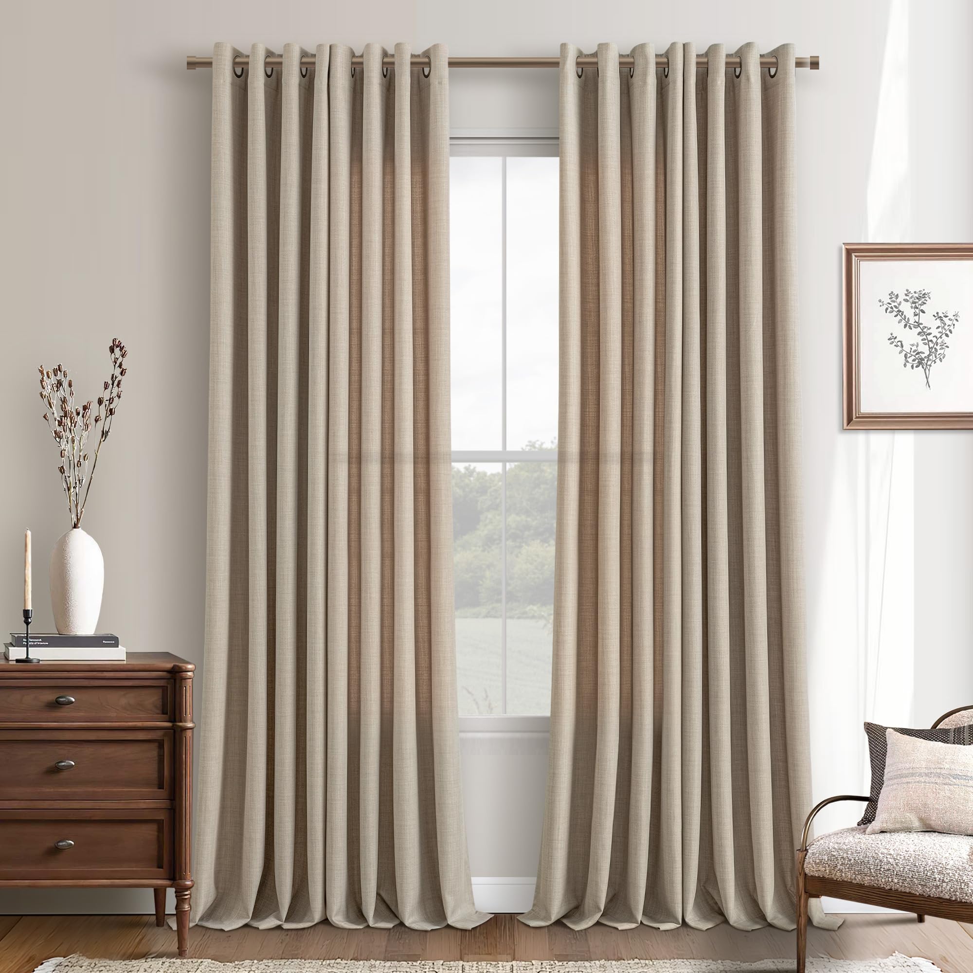 Photo 1 of Taupe Linen Curtains 96 Inches Long for Living Room Bronze Grommet Rustic Farmhouse Semi Sheer Light Filtering Window Curtain Dining Room Thick Flax Linen Textured Drapes Mink Greige Burlywood Birch