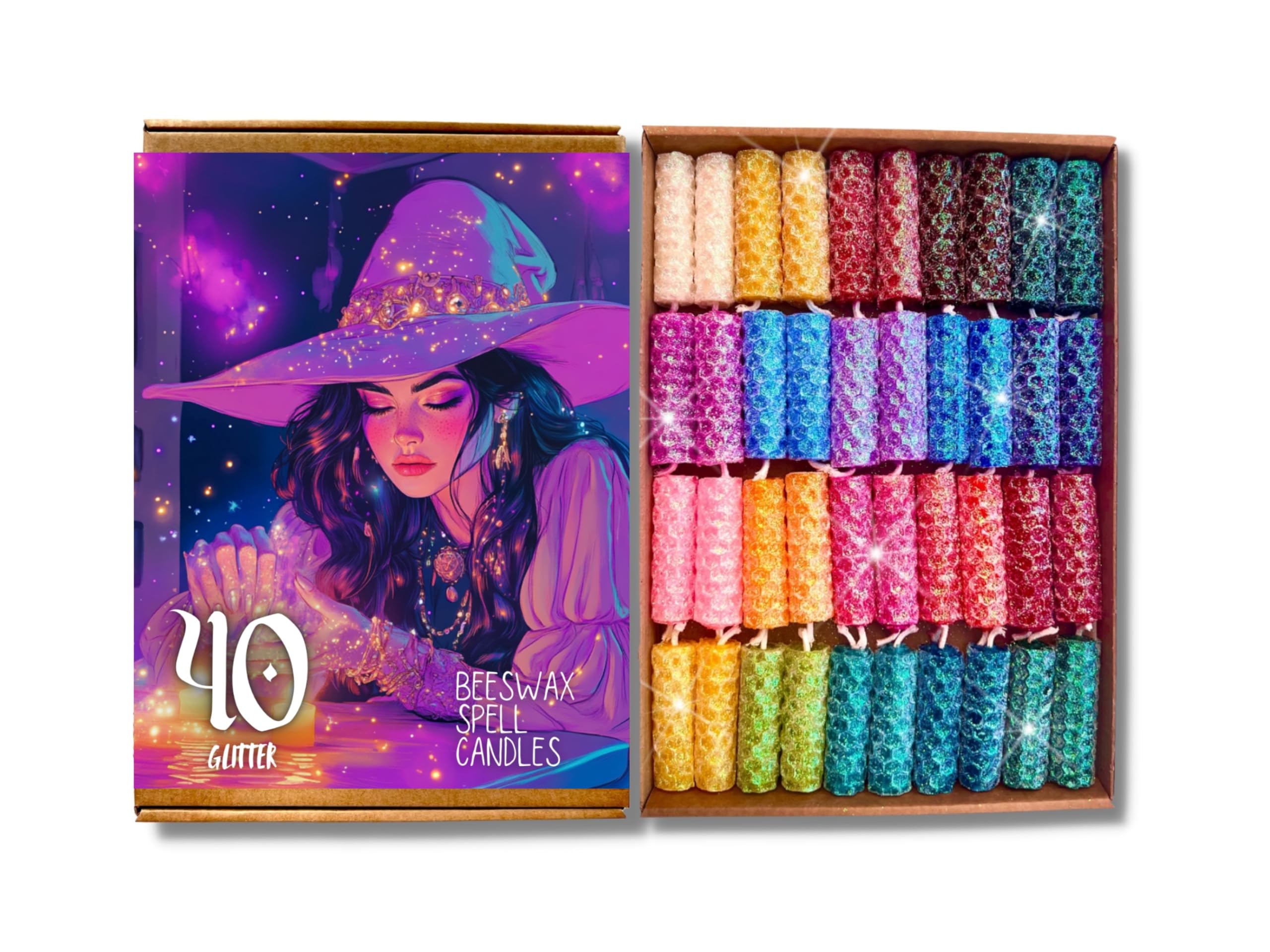 Phoenix Candle Company - Mini Glitter Beeswax Spell Candles Kit - 40 Count - Hand-Rolled - Assorted Colours