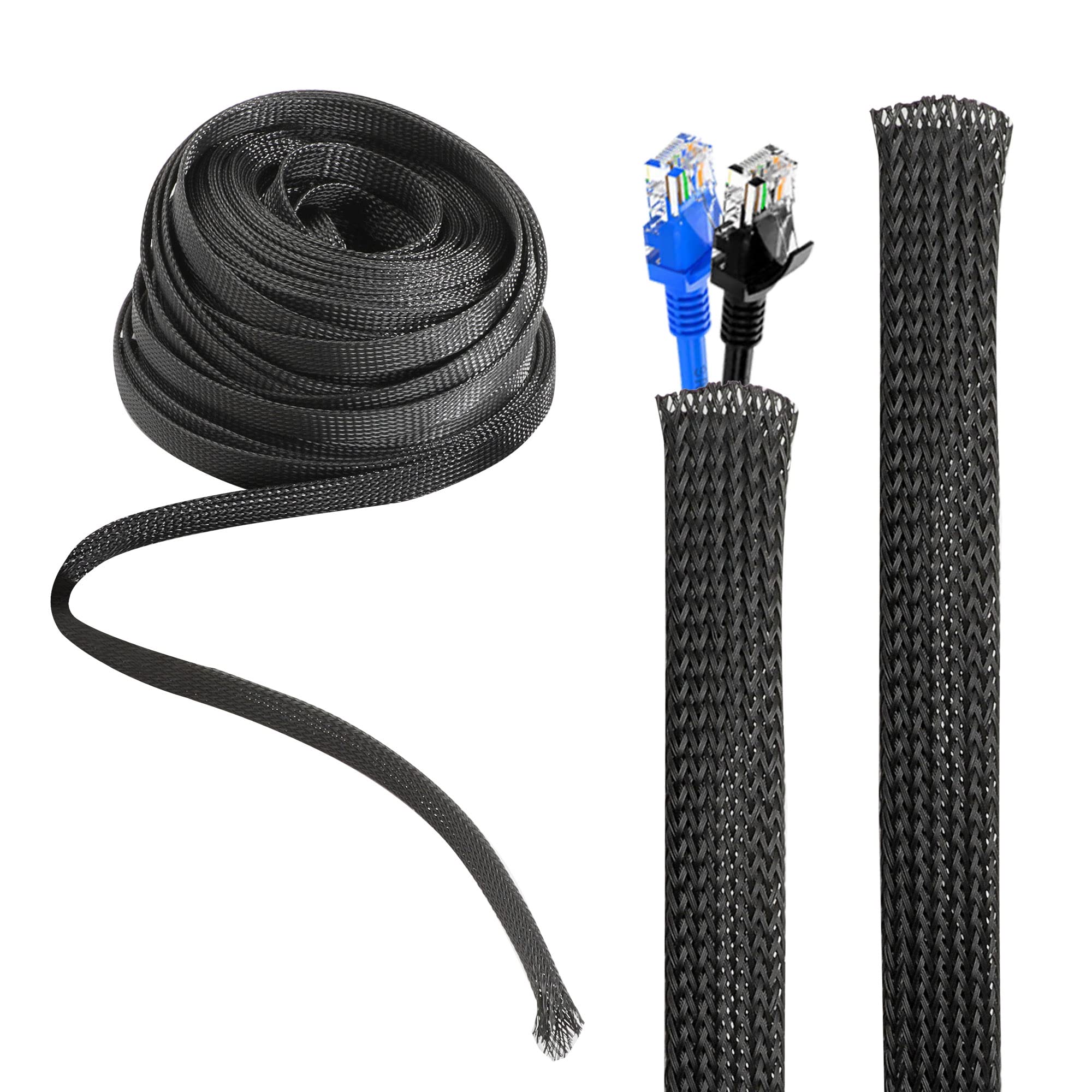 WeeGoo 30m Braided Wire Sleeve, 12mm ID Expandable Braided Sleeving, Black Cable Tidy Sleeve, Polyester (PET) Cable Management Sleeve