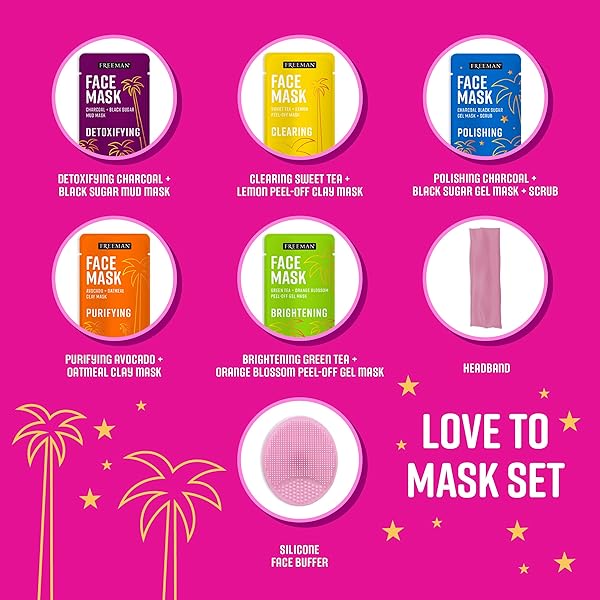 FREEMAN 14 PIECE LOVE TO MASK VARIETY PACK, FACIAL MASKS FOR ALL SKIN TYPES, HYDRATE, DETOXIFY, & CLEAR SKIN, EXFOLIATING SCRUB, BONUS HEADBAND AND SKIN BUFFER, FACE MASKS ARE CRUELTY-FREE & VEGAN
