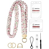 Scrunchie Lanyard with Badge Holder for Teachers &amp; Office Workers | Pink Floral Teacher Lanyard for Women with 2 Card Clear Badge Holder-Soft &amp; No-Tangle