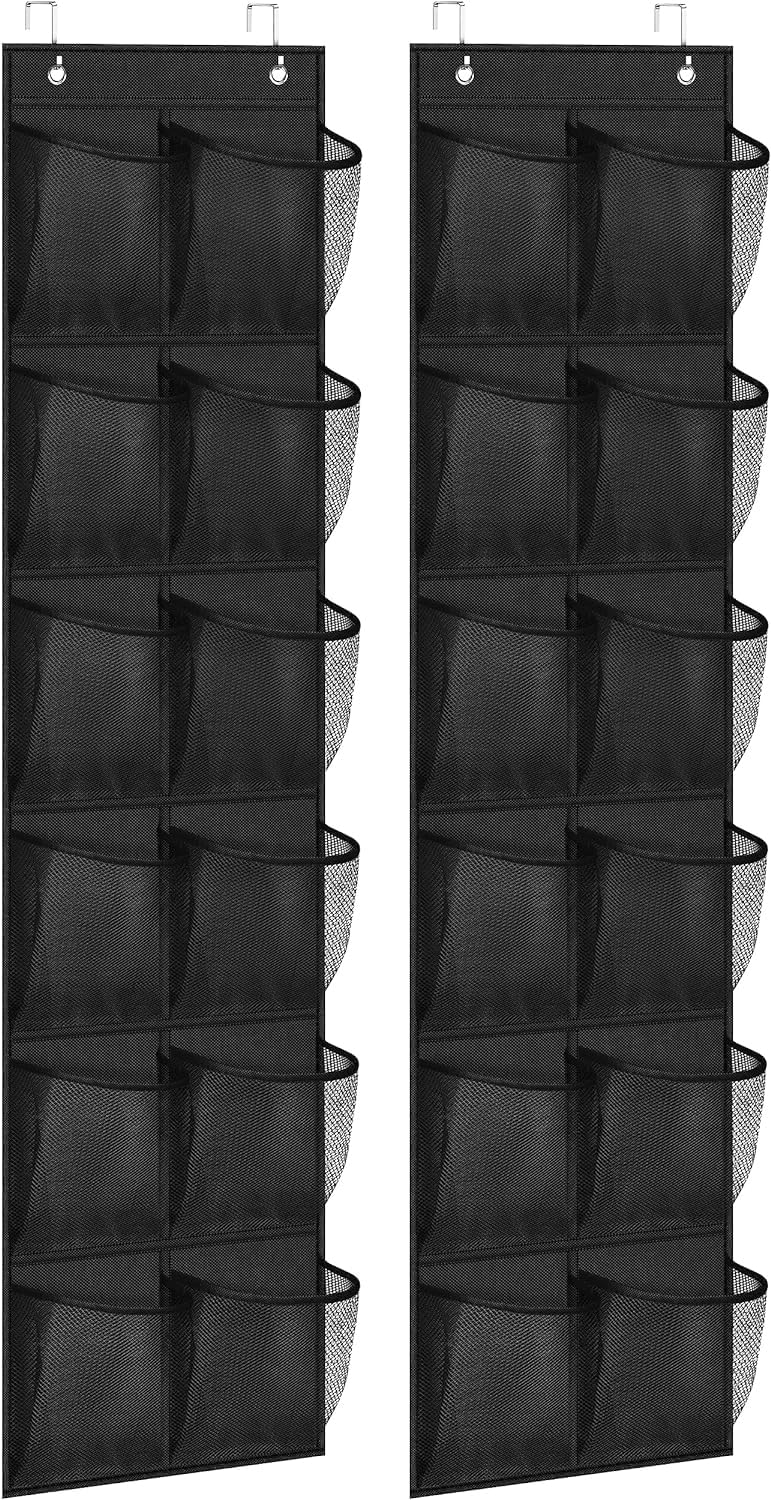 MISSLO Hanging Shoe Rack 12 Large Mesh Pockets Narrow Shoe Storage Over Door Shoe Organizer for Wardrobe Organiser Tidy with Hanger, Black, 2 Packs