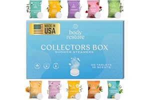 Body Restore Shower Steamers Aromatherapy 30 Pack - Christmas Stocking Stuffers for Men, Birthday Gifts for Women, White Elephant, Relaxation, Self Care - Collector’s Box