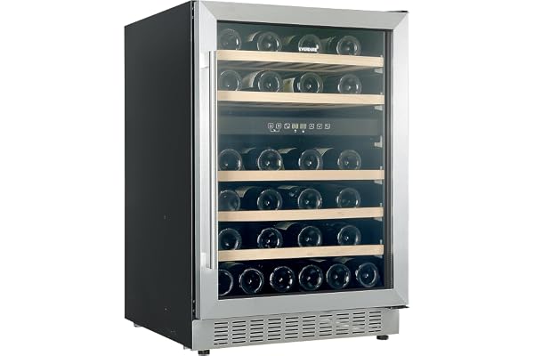 Everdure 46 Bottle Luxury Wine Cooler & Beverage Refrigerator, Built in or Free-Standing, Dual Zone, Stainless Steel with Reversible Glass Door, Beech Wood Shelves and LED Display Touchpad