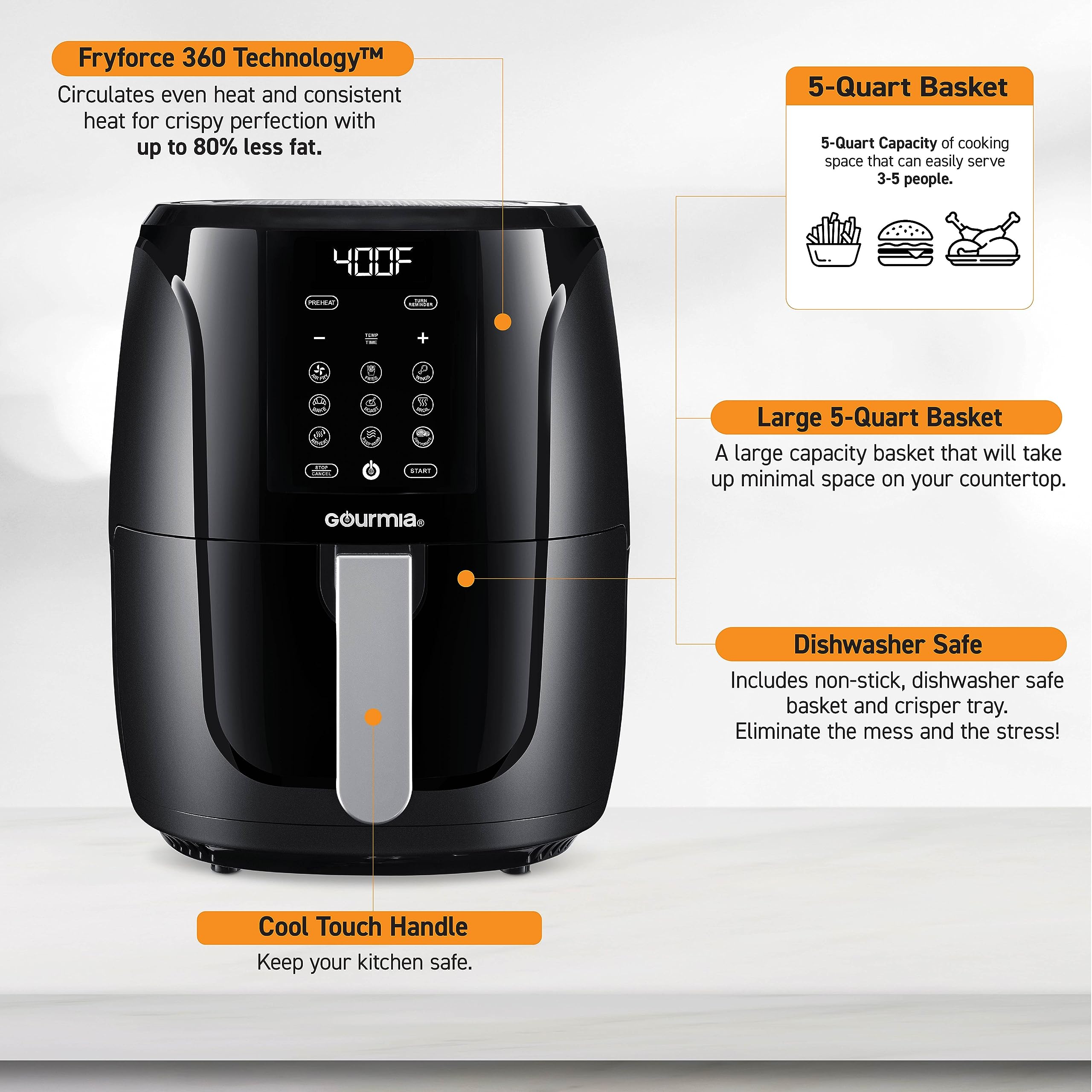 Gourmia Air Fryer Oven Digital Display 5 Quart Large AirFryer Cooker 12