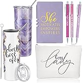 Domensi 6 Pcs Best Boss Birthday Gift Set Thank You for Women Boss Day Appreciation Day Gift 20oz Rustic Marble Sign Tumbler Makeup Bag A6 Notepad with Ballpoints Leader Manager Supervisor(Purple)