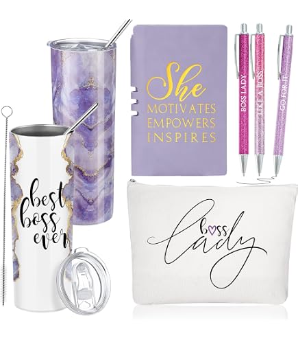 Boss Appreciation Gift Set For Women - 16oz Tumbler, Makeup Bag, Notebook & Pens - Best Boss Ever Purple Boho Gift