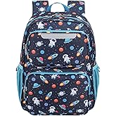 BrainyBees Kids Backpack for Boys Kindergarten - 15 Inch Lightweight School Bookbag fits Folder, Backpack for Kids 4-7 with Chest Strap & Insulated Pocket, Navy Space