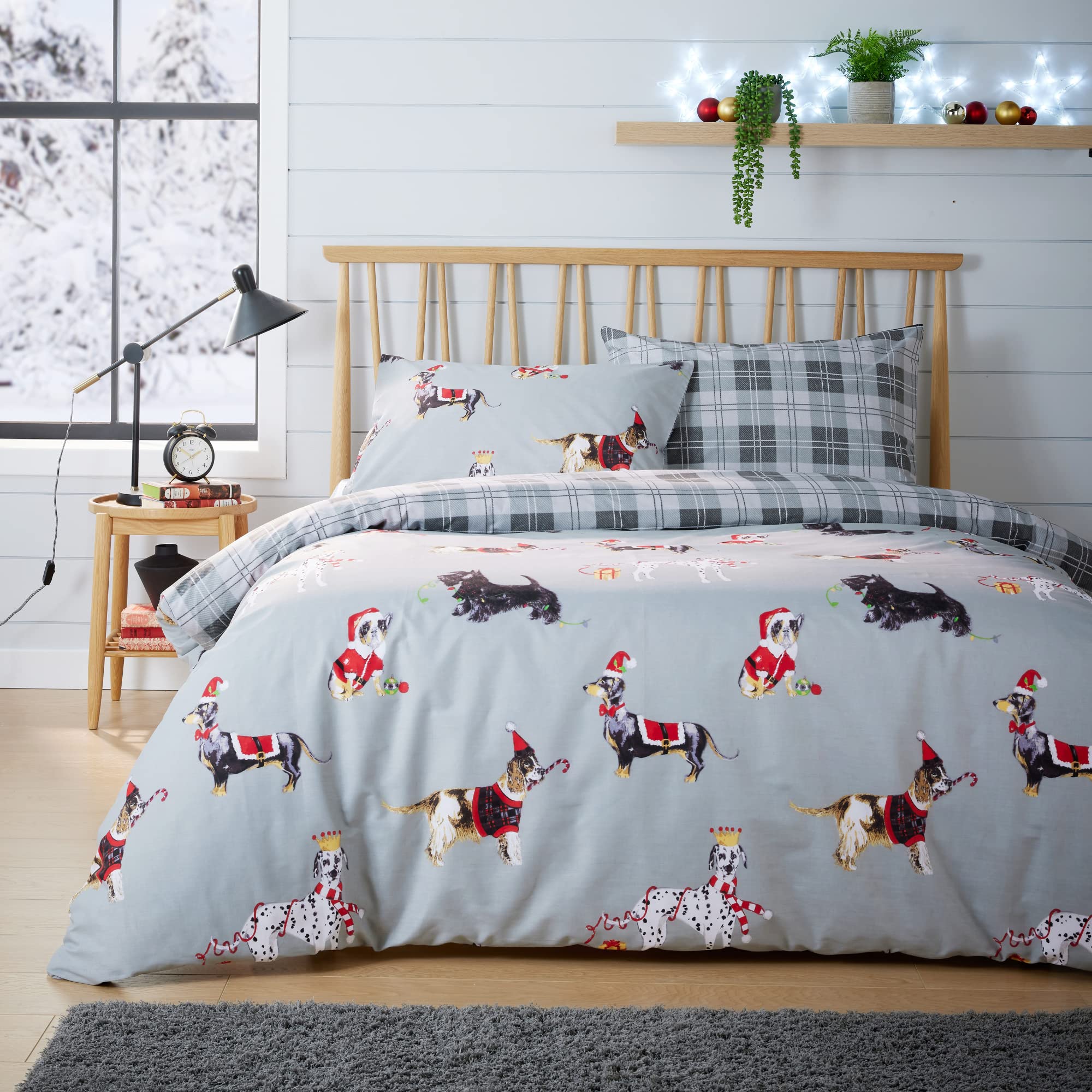 Olivia Rocco Christmas Dogs Duvet Cover Set Puppies White Grey Reversible Super Soft Easy Care Cute Animal Print Quilt Bedding Bed Sets with Pillowcase, Grey Double