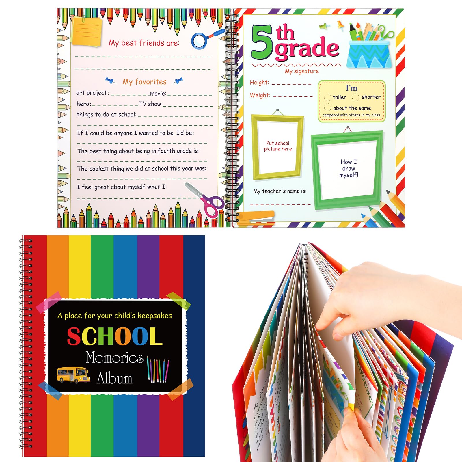 Photo 1 of Motipuns School Memory Book Photo Album for Kids, School Years Keepsake Book Album Scrapbook from Preschool Through 12th Grade with 14 Pocket for Storage Portfolio Every Grade Pictures (Rainbow)