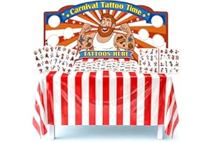 Carnival Games Strongman Tattoo Booth Kit with Cardboard Display Board Red White Striped Tablecloth Tattoos for Circus Birthd