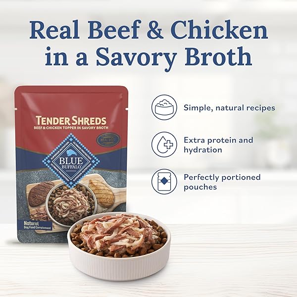 BLUE BUFFALO TENDER SHREDS BEEF & CHICKEN TOPPERS IN SAVORY BROTH, NATURAL DOG FOOD COMPLEMENT, BEEF, 2.5-OZ. POUCH, 24-COUNT