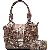 Western Style Tooled Leather Floral Women Bling Rhinestone Studs Purse Buckle Handbag Country Shoulder Bags Wallet Set Brown