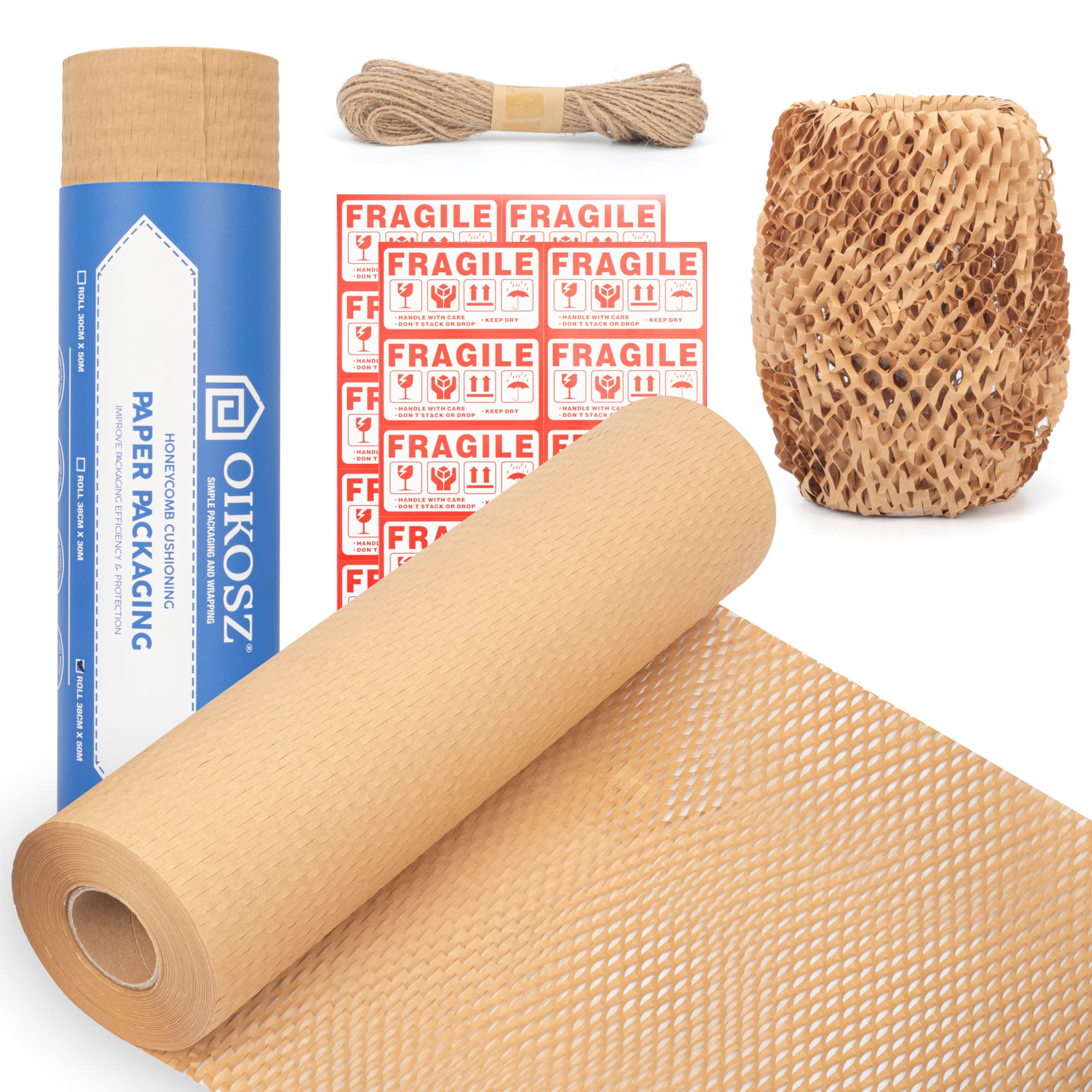 OIKOSZ Brown Honeycomb Packing Paper - Sustainable Alternative to Bubble Wrap - 30cm x 50m Roll