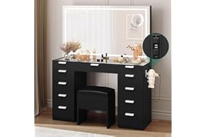 YITAHOME Vanity Desk Set with Large LED Lighted Mirror & Power Outlet, Glass Top Vanity with 11 Drawers and Magnifying Glass, 46'' Large Makeup Vanity with Storage Bench, Black Vanity for Bedroom