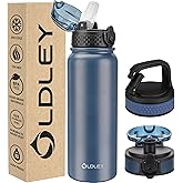 Oldley Insulated Water Bottle 20oz Water Bottles with Straw, Stainless Steel Water Bottle with 3 Lids, Double Wall Vacuum Bottels for Adults Kids,Leak-Proof Sport Bottles for School Travel, Navy Blue