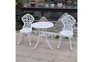 KAILI Patio Bistro Sets 3 Piece cast Aluminum Patio Furniture Outdoor Garden Metal Rust Proof Tables and Chairs White bisrto Set (Leaf-White)