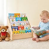 Tristcily 5 Tier Scalloped Bookshelf for Kids, Montessori Bookcase, Natural | 16.7 x 11.1 x 15.7 inch wooden book shelf for toddlers, ideal for organizing books in nurseries, playrooms and classroom use