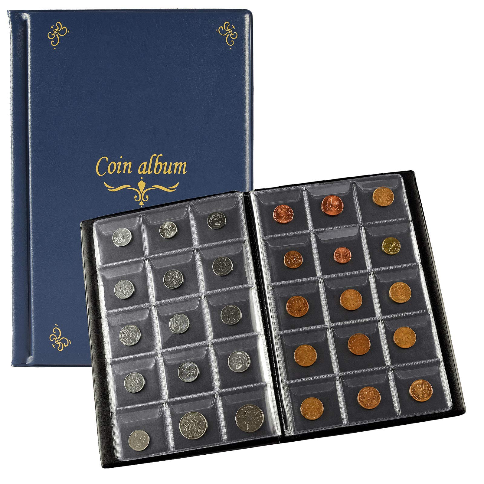 Ettonsun 150 Pockets Coin Collection Album 1.8 x 1.7 Inch Coin Collecting Holder Book Supplies Coin Storage Album for Collectors, Blue