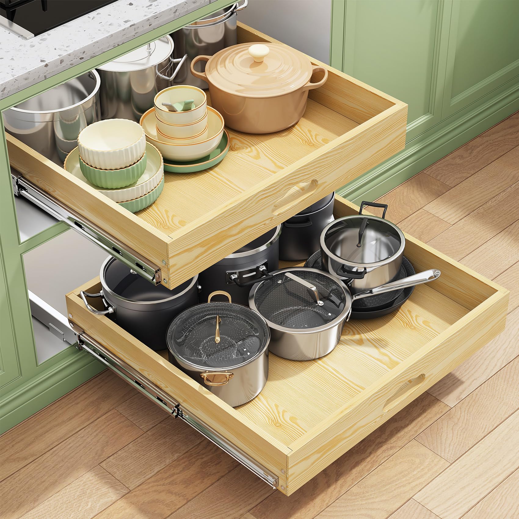 Photo 1 of Pull Out Cabinet Organizer, Soft Close Wooden Slide Out Drawers for Pots and Pans, Full-extension Roll Out Shelves for Kitchen Cabinets, Pantry Organization, Bottom & Side Mount(21"W X 21"D x 3.4''H)