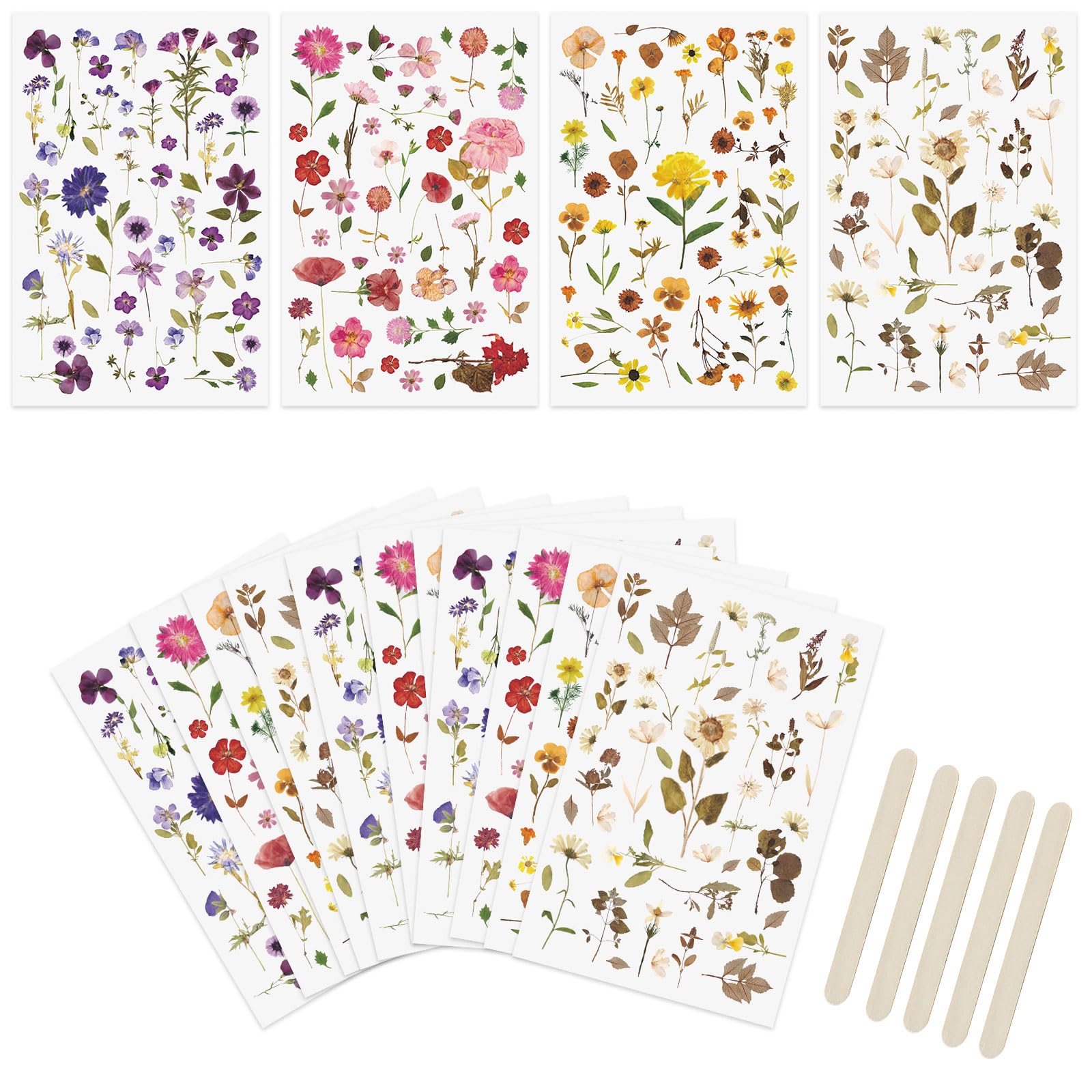 WANDIC 16 Sheets Rub On Transfer Stickers, Dry Flower Theme Stickers Transparent Waterproof Decals for Scrapbook