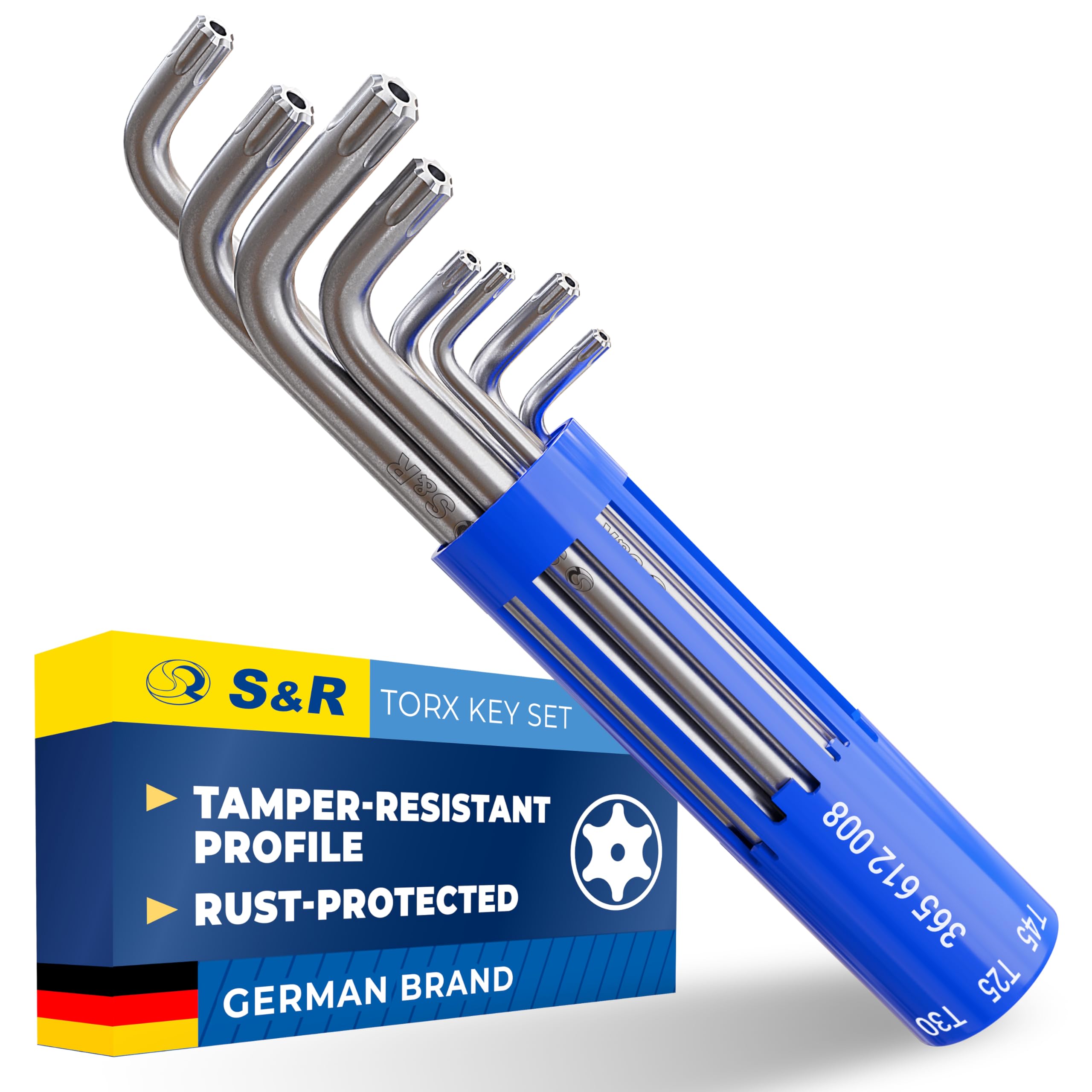 S&R Torx Allen Key Set - 8 Pieces TX10-TX50 - Comprehensive Hex Key Set in Cylinder Plastic Clip - Durable Chrome Nickel Coating, Chrome-Vanadium Steel