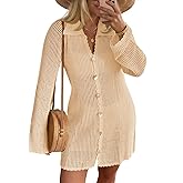 Saodimallsu Womens Crochet Swimsuit Coverup Button Down Long Sleeve Cardigan Mini Dress Beach Cover Ups Vacation Outfits