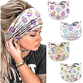 4 Pack Easter Headbands for Women - Colorful Spring Hair Bands with Eggs Flower Pattern, Stretchy Breathable Non-Slip Wide Headwrap Accessories for Easter Egg Hunt, Yoga, Running, Spring Party Favors