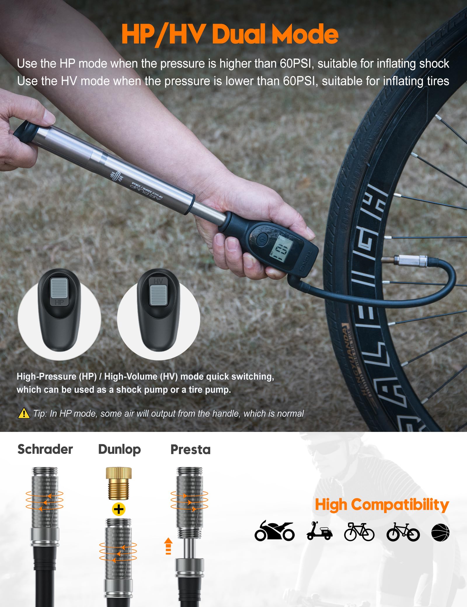 Tiakia Hochdruck Dämpferpumpe mit Digitaler Manometer 320PSI Für Luftdämpfer und federgabel,Tragbare fahrradpumpe Aluminium reifenpumpe Fahrrad Rahmenpumpen,Für Schrader/Presta、DH、MTB (Black) 4