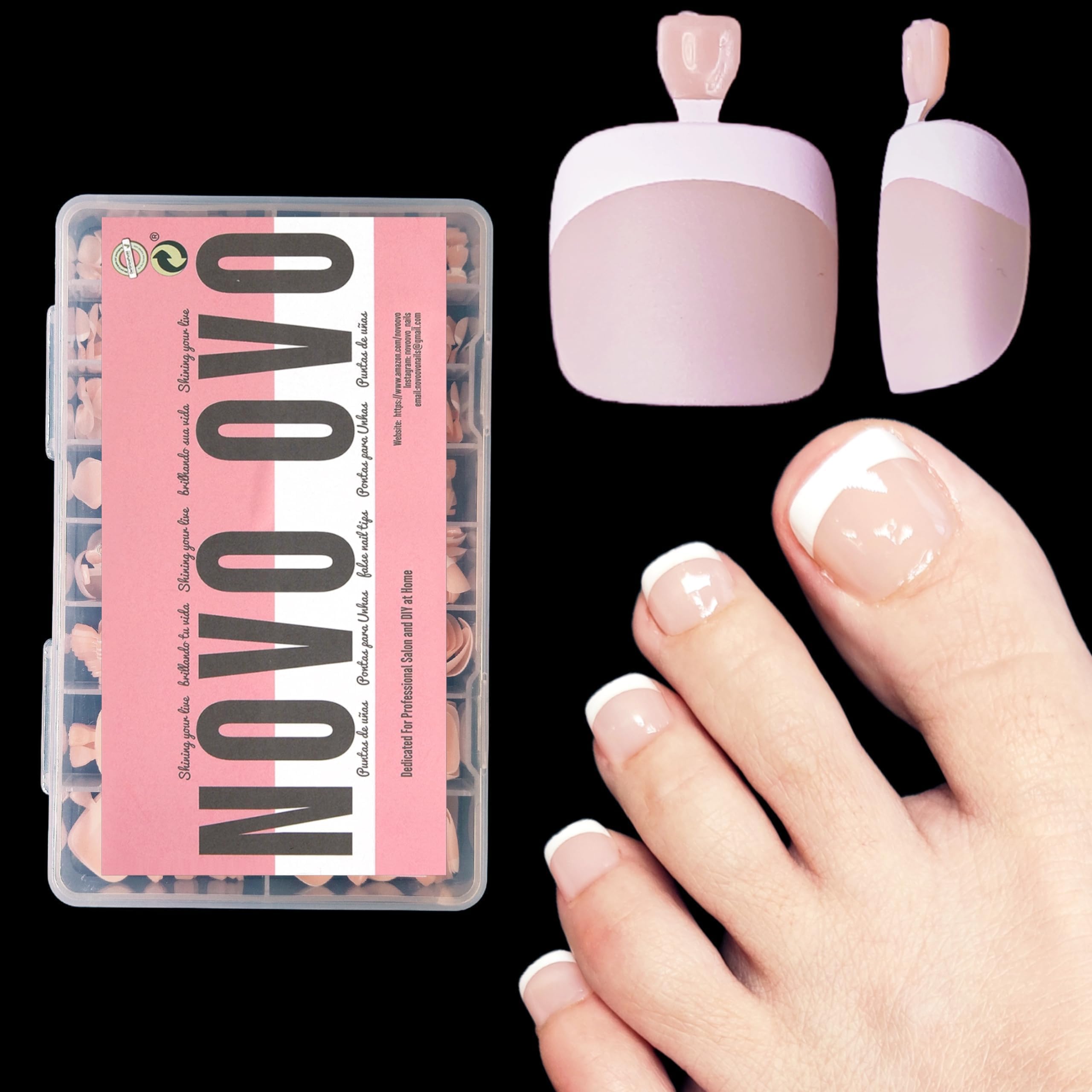 NOVO OVO Fake Toe Nail Tips Press on, French Tip Soft Gel Toenail Extension, BABY PINK Square Round Pre-applied Tip Primer & Base Coat, Full Cover Matte False Nails for DIY x 15 Sizes 360Pcs — image 1