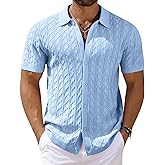 COOFANDY Men's Knit Short Sleeve Shirts Button Down Vintage Knitted Polo Shirt Casual Beach Crochet Cable Vacation Shirt