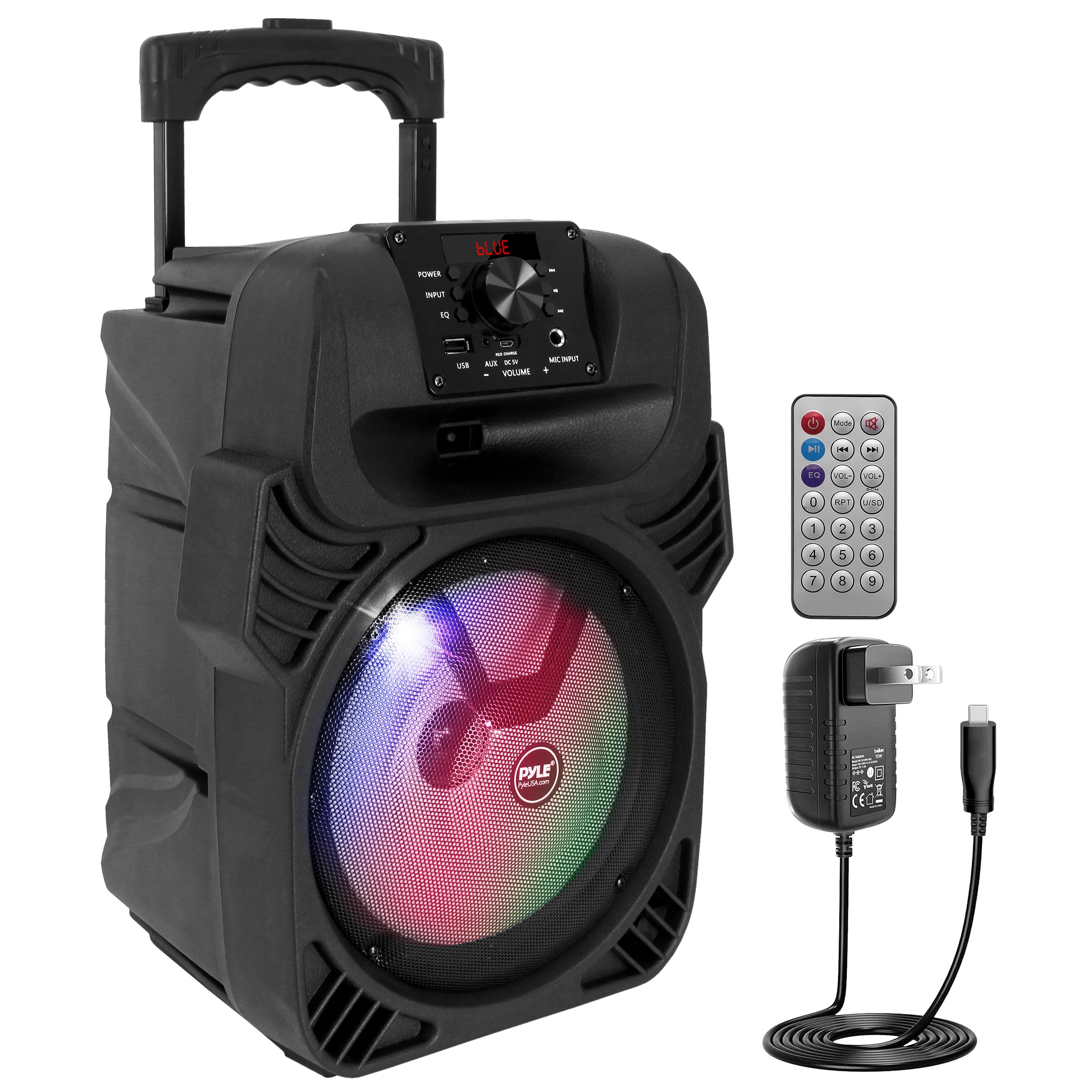 Photo 1 of Pyle 400W Portable Bluetooth PA Loudspeaker - 8” Subwoofer System, 4 Ohm/55-20kHz, USB/MP3/FM Radio/ ¼ Mic Inputs, Multi-Color LED Lights, Built-in Rechargeable Battery w/ Remote Control -PPHP844B