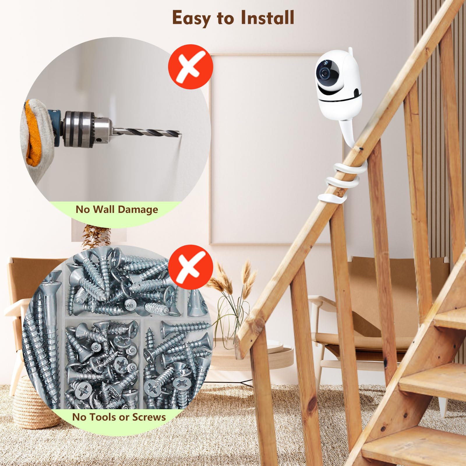 Flexible Baby Monitor Mount for Infant Optical DXR-8, Nanit Pro, Owlet Cam 1/2, HelloBaby, Babysense, Universal Baby Camera Holder, No Damage to Wall, Strong Support Twist Mount for Crib